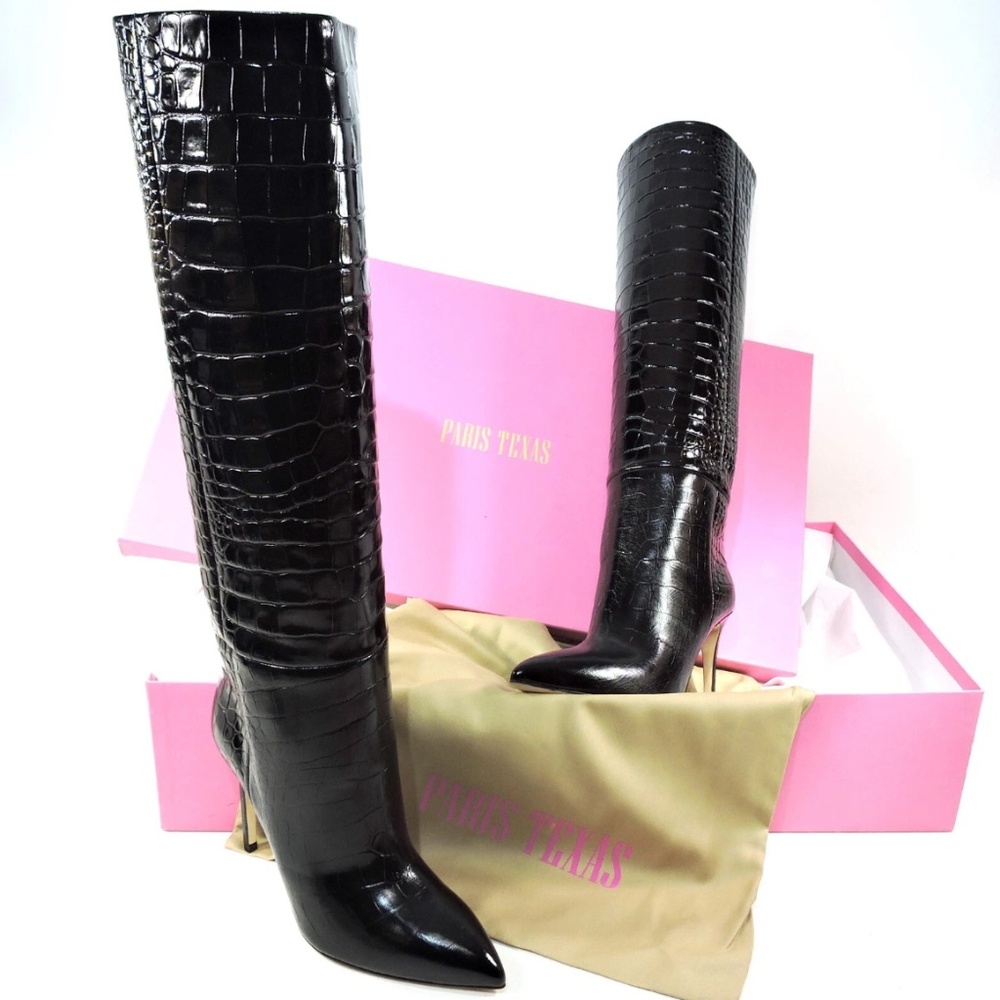 PARIS TEXAS 🇮🇹 WOMEN'S BLACK EMBOSSED CROCO STILETTO FASHION BOOTS